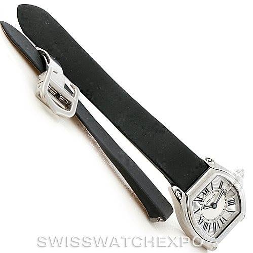 This image shows a Cartier Roadster W62016V3 Women's Stainless Steel Silver Dial W62016V3 Women's Stainless Steel Silver Dial watch at an angled view, displaying the dial, case, and black leather strap with a buckle.