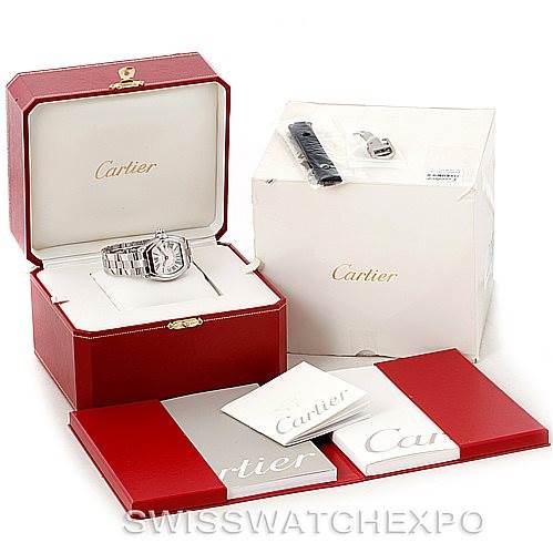The image shows the Cartier Roadster W62016V3 Women's Stainless Steel Silver Dial W62016V3 Women's Stainless Steel Silver Dial watch, its red box, additional straps, and accompanying documentation set at an angle.