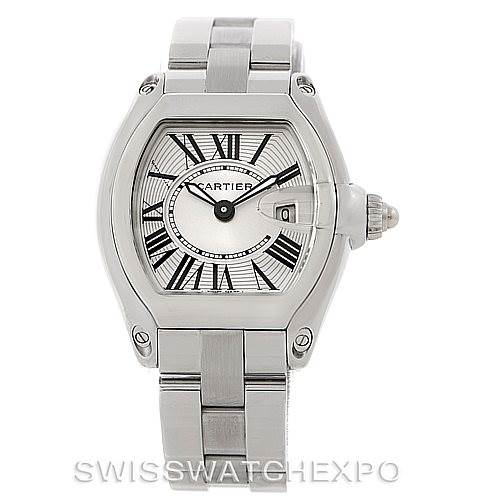 The image shows a front view of the Cartier Roadster W62016V3 Women's Stainless Steel Silver Dial W62016V3 Women's Stainless Steel Silver Dial watch, featuring its dial, bezel, and bracelet.