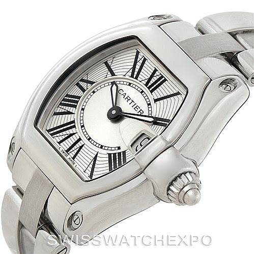 The angle shows the face and part of the bracelet of a Cartier Roadster W62016V3 Women's Stainless Steel Silver Dial W62016V3 Women's Stainless Steel Silver Dial watch, highlighting its Roman numerals and polished finish.