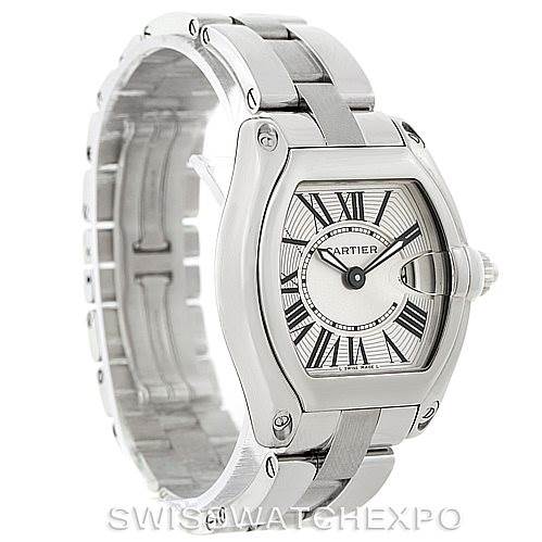 The image shows a Cartier Roadster W62016V3 Women's Stainless Steel Silver Dial W62016V3 Women's Stainless Steel Silver Dial watch at a three-quarter angle, highlighting its face, bezel, crown, and bracelet.
