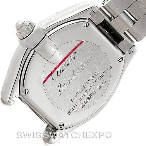 This image shows the back case and bracelet clasp of a Cartier Roadster W62016V3 Women's Stainless Steel Silver Dial W62016V3 Women's Stainless Steel Silver Dial watch, capturing the engraved details, including brand and model.