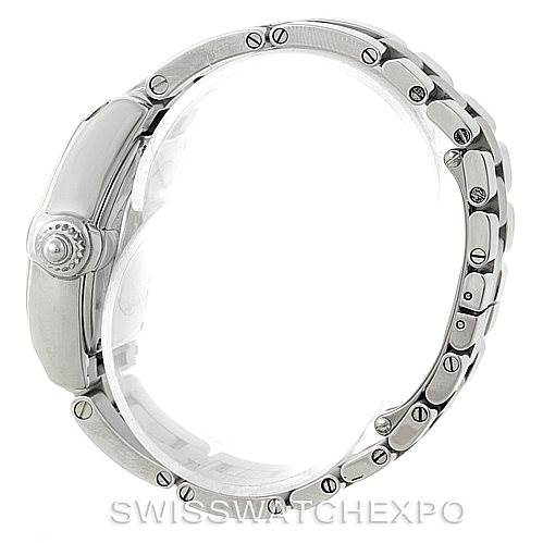 This image shows a side view of a Cartier Roadster W62016V3 Women's Stainless Steel Silver Dial W62016V3 Women's Stainless Steel Silver Dial watch, highlighting the crown and bracelet links.