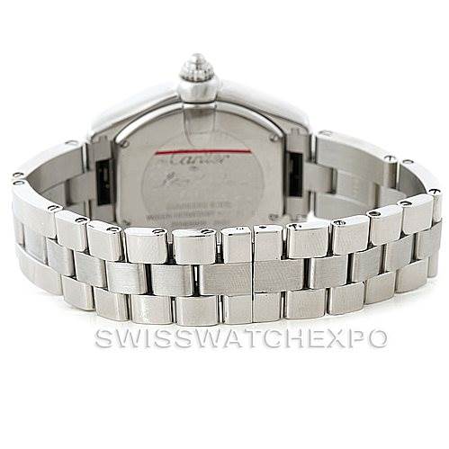The image shows the back and bracelet of a Cartier Roadster W62016V3 Women's Stainless Steel Silver Dial W62016V3 Women's Stainless Steel Silver Dial watch, focusing on its clasp and case back details.