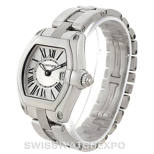 The image shows a Cartier Roadster W62016V3 Women's Stainless Steel Silver Dial W62016V3 Women's Stainless Steel Silver Dial watch, highlighting its face, bezel, crown, and stainless steel bracelet from an angled view.