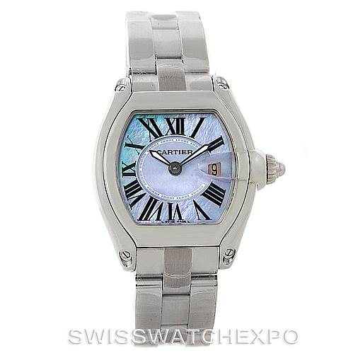 The image shows a frontal view of the Cartier Roadster W6206007 Women's Stainless Steel Mother of Pearl Dial W6206007 Women's Stainless Steel Mother of Pearl Dial watch, displaying its face, bracelet, and crown.