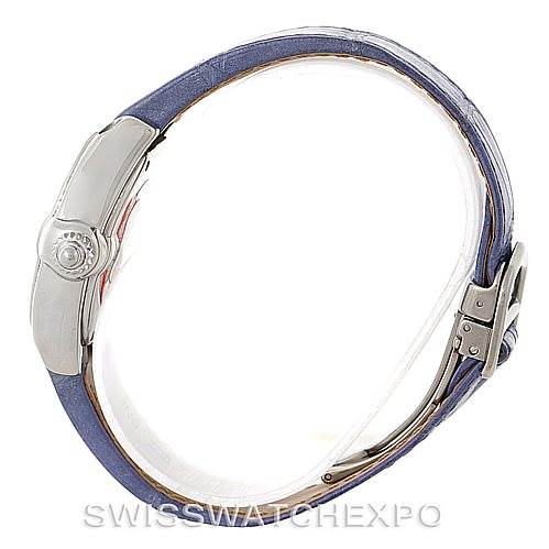 This image shows a side view of the Cartier Roadster W6206007 Women's Stainless Steel Mother of Pearl Dial W6206007 Women's Stainless Steel Mother of Pearl Dial watch, highlighting the crown and part of the blue leather strap.