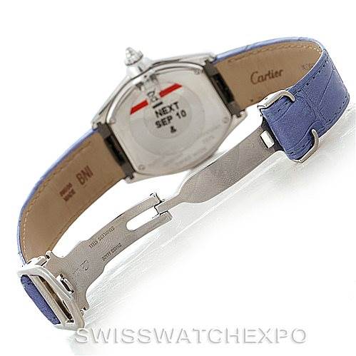 This image shows the back of a Cartier Roadster W6206007 Women's Stainless Steel Mother of Pearl Dial W6206007 Women's Stainless Steel Mother of Pearl Dial watch, focusing on its deployment clasp and leather strap.