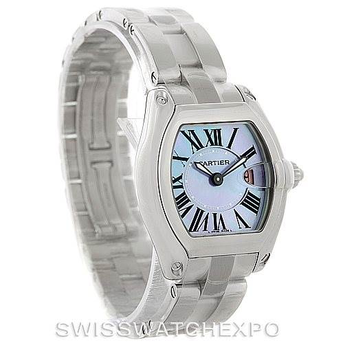 This image shows a Cartier Roadster W6206007 Women's Stainless Steel Mother of Pearl Dial W6206007 Women's Stainless Steel Mother of Pearl Dial watch angled to display the face, case, and part of the bracelet.
