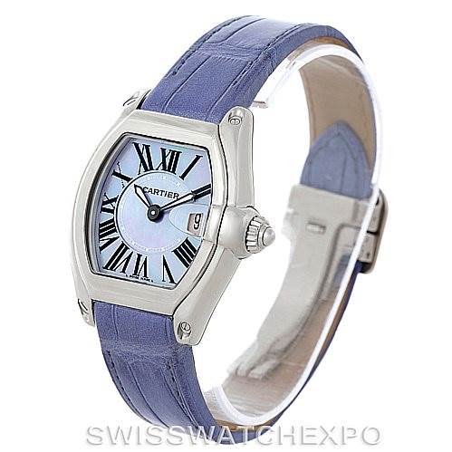 The image shows a Cartier Roadster W6206007 Women's Stainless Steel Mother of Pearl Dial W6206007 Women's Stainless Steel Mother of Pearl Dial watch at a slight angle, highlighting the dial, case, and blue leather strap.