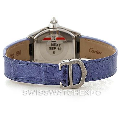 This image shows the back view of the Cartier Roadster W6206007 Women's Stainless Steel Mother of Pearl Dial W6206007 Women's Stainless Steel Mother of Pearl Dial watch, focusing on its blue leather strap and clasp.