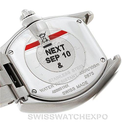 The image shows the back case of a Cartier Roadster W6206007 Women's Stainless Steel Mother of Pearl Dial W6206007 Women's Stainless Steel Mother of Pearl Dial watch, highlighting its model details and water resistance.