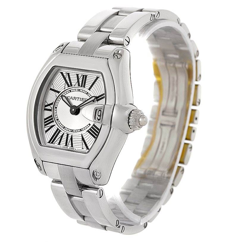 The image shows a side angle of the Cartier Roadster W62016V3 Women's Stainless Steel Silver Dial W62016V3 Women's Stainless Steel Silver Dial watch, highlighting the bezel, dial, crown, and bracelet.