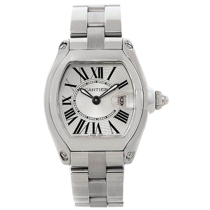 This image shows a front view of the Cartier Roadster W62016V3 Women's Stainless Steel Silver Dial W62016V3 Women's Stainless Steel Silver Dial watch, displaying its face, dial, and bracelet.