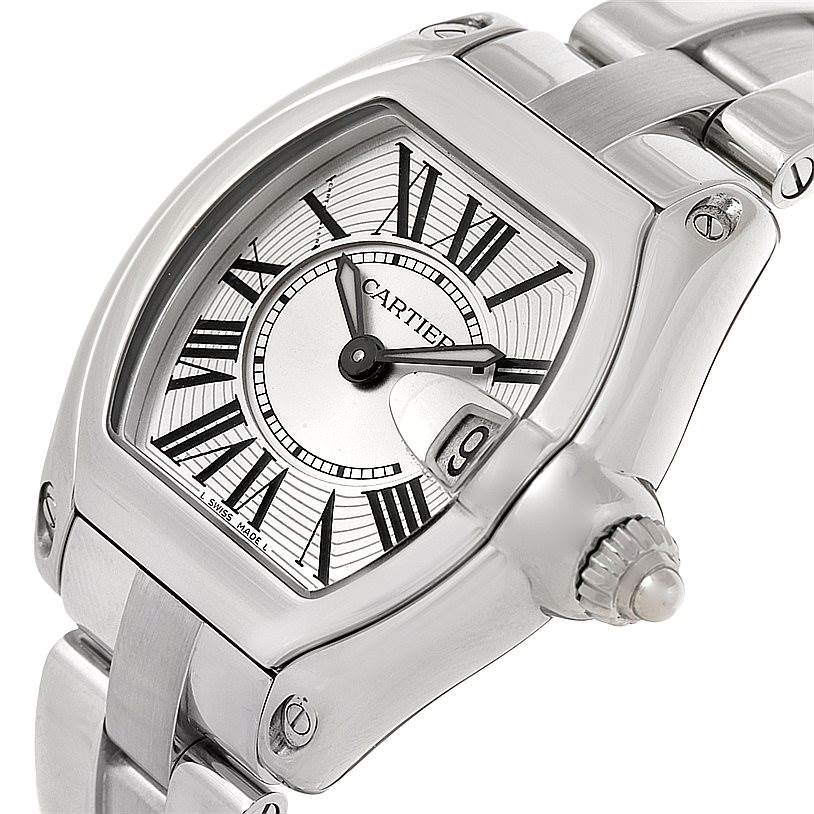 This close-up angled shot shows the face, bezel, crown, and part of the bracelet of the Cartier Roadster W62016V3 Women's Stainless Steel Silver Dial W62016V3 Women's Stainless Steel Silver Dial watch.