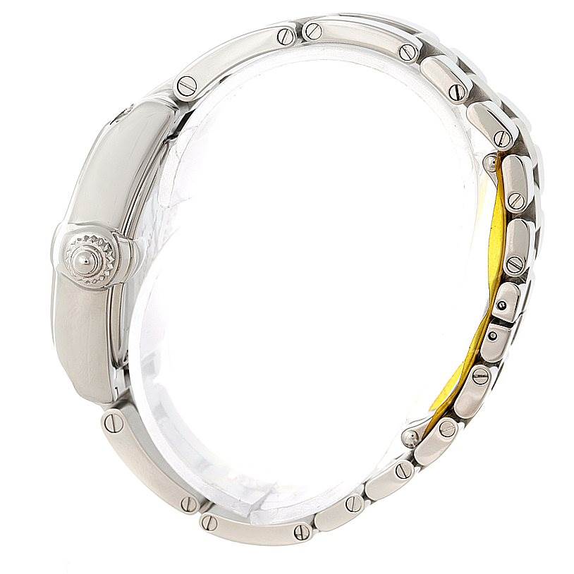 The image shows a side view of a Cartier Roadster W62016V3 Women's Stainless Steel Silver Dial W62016V3 Women's Stainless Steel Silver Dial watch, highlighting the crown and bracelet links.