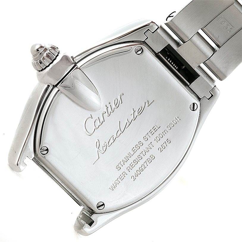 The image shows the back case of a Cartier Roadster W62016V3 Women's Stainless Steel Silver Dial W62016V3 Women's Stainless Steel Silver Dial watch, including the crown and part of the bracelet.