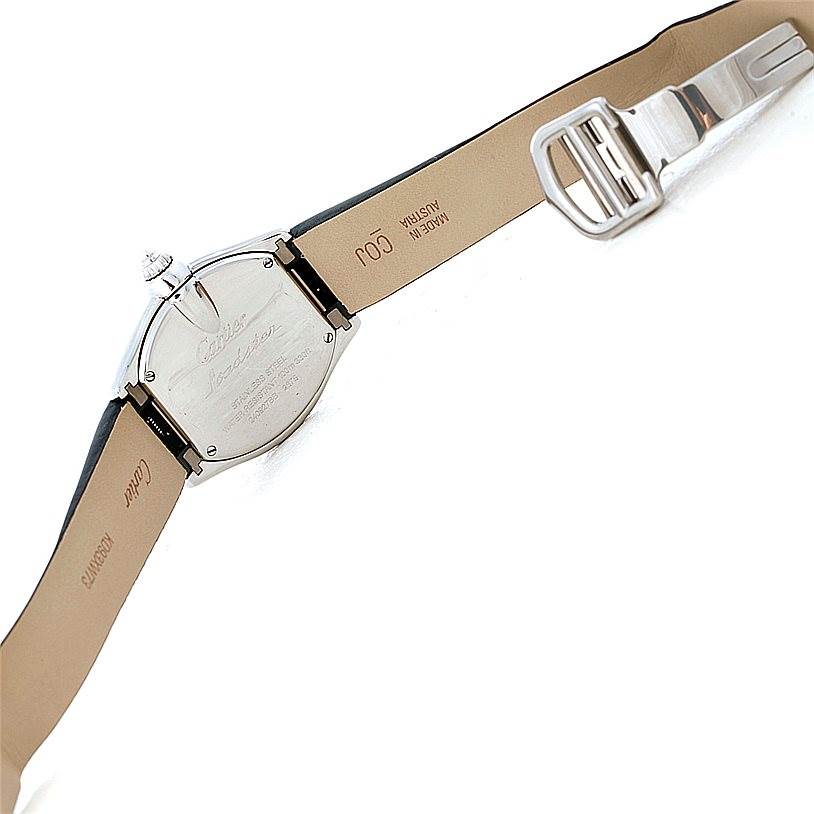 The image shows the backside and strap of a Cartier Roadster W62016V3 Women's Stainless Steel Silver Dial W62016V3 Women's Stainless Steel Silver Dial watch, displaying the back casing and leather strap with a buckle.
