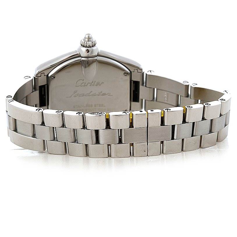 The image shows the back view of the Cartier Roadster W62016V3 Women's Stainless Steel Silver Dial W62016V3 Women's Stainless Steel Silver Dial watch, highlighting its stainless steel case and bracelet.