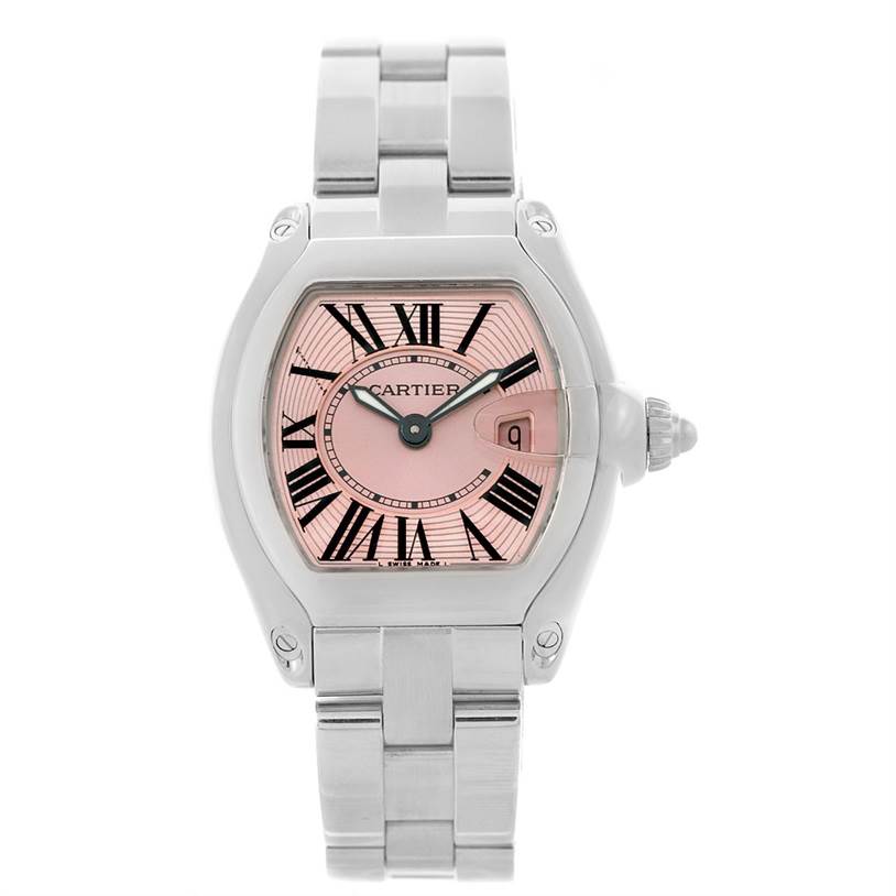 The image shows a front view of a Cartier Roadster W62017V3 Women's Stainless Steel Pink Dial W62017V3 Women's Stainless Steel Pink Dial watch with a silver band and a pink Roman numeral dial.