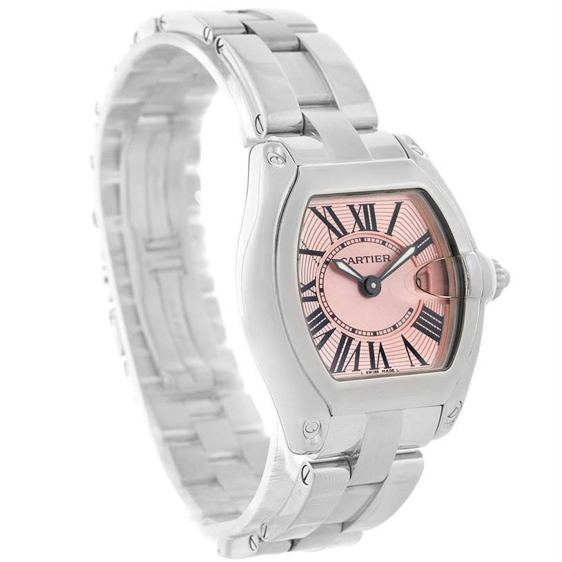 The Cartier Roadster W62017V3 Women's Stainless Steel Pink Dial W62017V3 Women's Stainless Steel Pink Dial watch is shown at a three-quarter angle highlighting the face, crown, and bracelet.