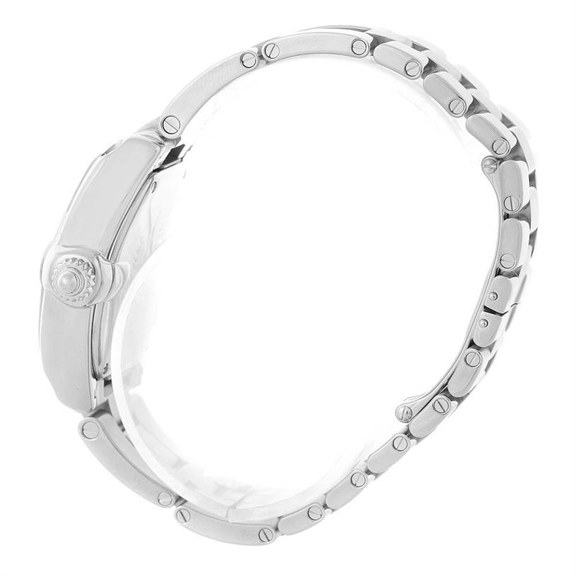 The image shows a side view of the Cartier Roadster W62017V3 Women's Stainless Steel Pink Dial W62017V3 Women's Stainless Steel Pink Dial watch, focusing on its bracelet and crown.