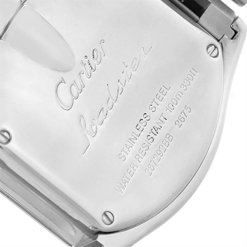 This image shows the back casing of a Cartier Roadster W62017V3 Women's Stainless Steel Pink Dial W62017V3 Women's Stainless Steel Pink Dial watch, engraved with brand details and specifications.