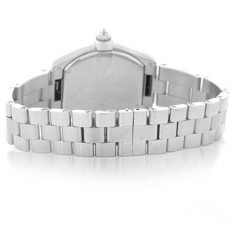 The image shows the back of the Cartier Roadster W62017V3 Women's Stainless Steel Pink Dial W62017V3 Women's Stainless Steel Pink Dial watch, focusing on its stainless steel bracelet and the rear of the case.
