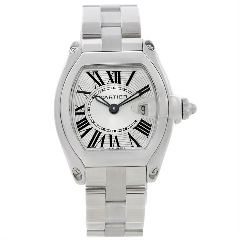 The Cartier Roadster W62016V3 Women's Stainless Steel Silver Dial W62016V3 Women's Stainless Steel Silver Dial watch is shown from a front angle, highlighting its dial, Roman numerals, and stainless steel bracelet.