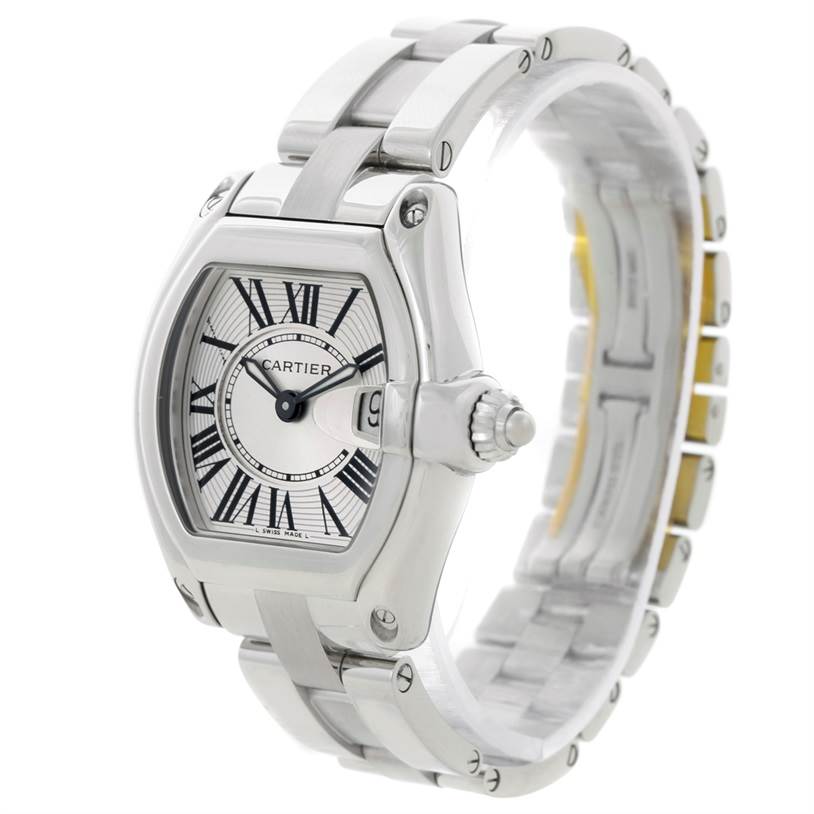 The image shows a Cartier Roadster W62016V3 Women's Stainless Steel Silver Dial W62016V3 Women's Stainless Steel Silver Dial watch at an angle displaying its dial, crown, and part of the bracelet.