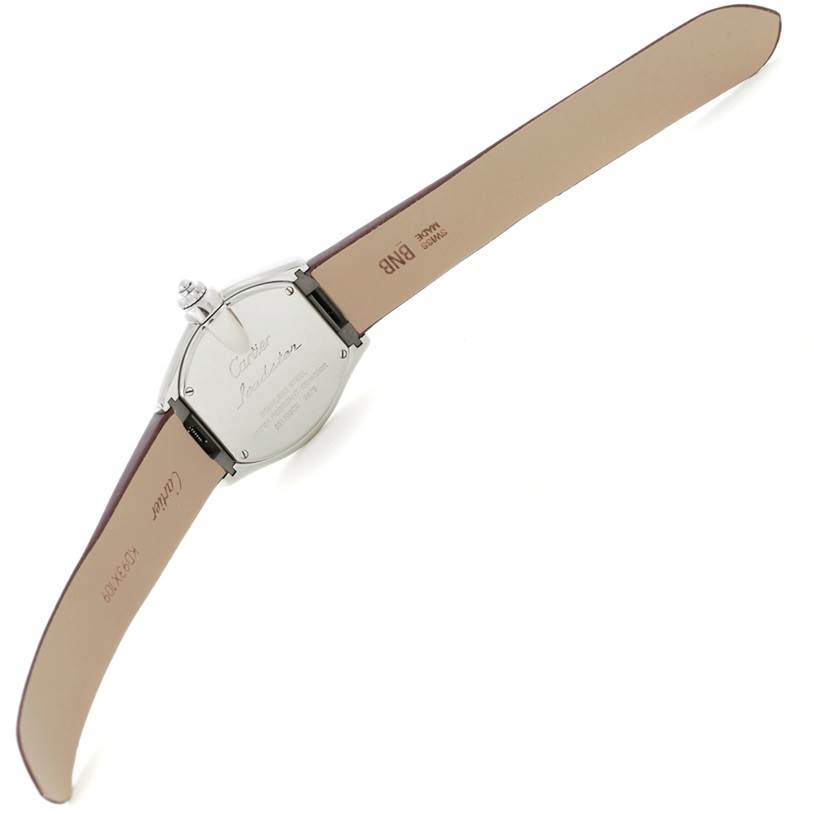 The image shows the back view of a Cartier Roadster W62016V3 Women's Stainless Steel Silver Dial W62016V3 Women's Stainless Steel Silver Dial watch, highlighting the case back and leather straps.