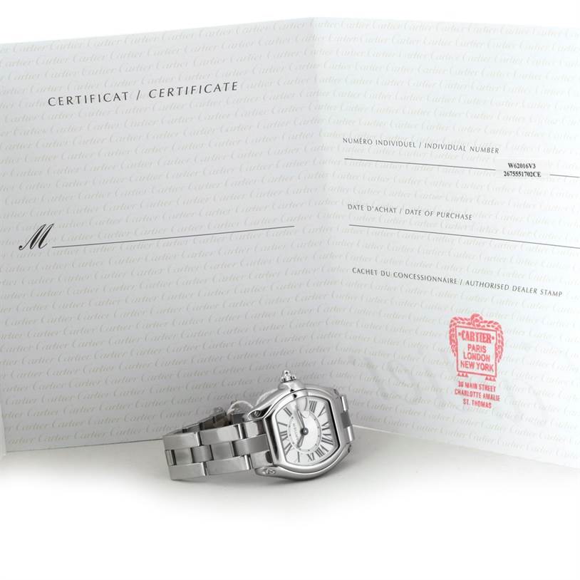 A Cartier Roadster W62016V3 Women's Stainless Steel Silver Dial W62016V3 Women's Stainless Steel Silver Dial watch is displayed with its certificate, showcasing the face and bracelet at a frontal angle.