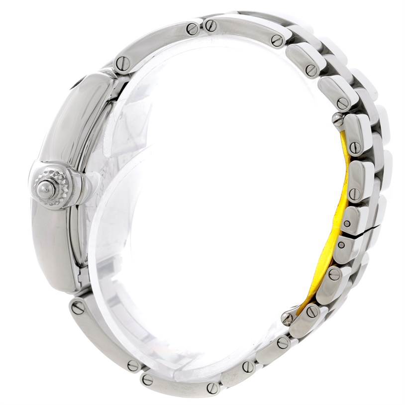 The image shows a side view of the Cartier Roadster W62016V3 Women's Stainless Steel Silver Dial W62016V3 Women's Stainless Steel Silver Dial watch, highlighting its case, crown, and bracelet.