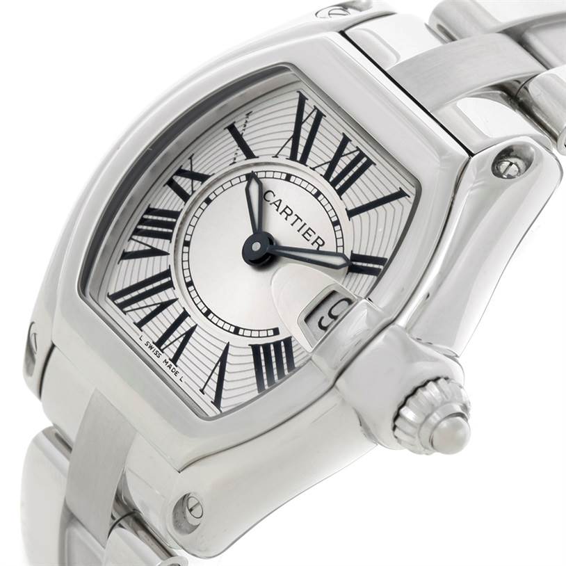 This image shows a close-up angle of a Cartier Roadster W62016V3 Women's Stainless Steel Silver Dial W62016V3 Women's Stainless Steel Silver Dial watch, highlighting the dial, crown, and part of the bracelet.
