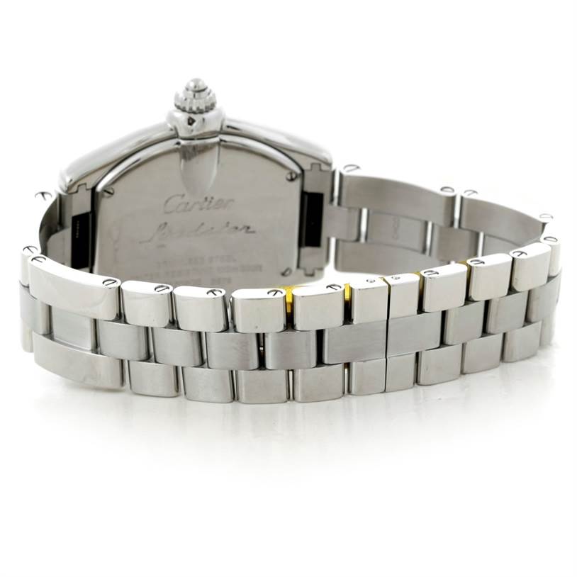 The image shows the back view and metal bracelet of a Cartier Roadster W62016V3 Women's Stainless Steel Silver Dial W62016V3 Women's Stainless Steel Silver Dial watch.