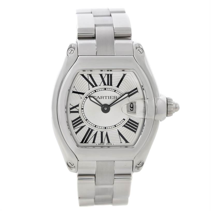 This image shows a front view of the Cartier Roadster W62016V3 Women's Stainless Steel Silver Dial W62016V3 Women's Stainless Steel Silver Dial watch, highlighting the dial, bezel, crown, and metal bracelet.