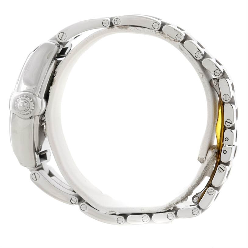 The image shows the side view of a Cartier Roadster W62016V3 Women's Stainless Steel Silver Dial W62016V3 Women's Stainless Steel Silver Dial watch, highlighting the bracelet and crown.