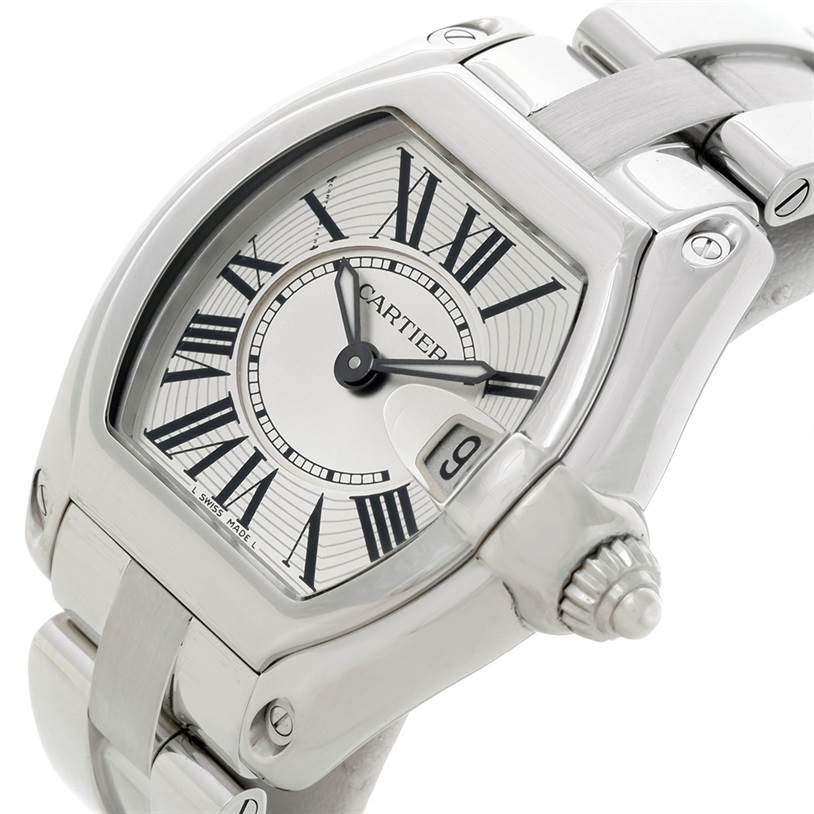 The image shows a Cartier Roadster W62016V3 Women's Stainless Steel Silver Dial W62016V3 Women's Stainless Steel Silver Dial watch at an angled view, displaying the case, dial, crown, and part of the bracelet.