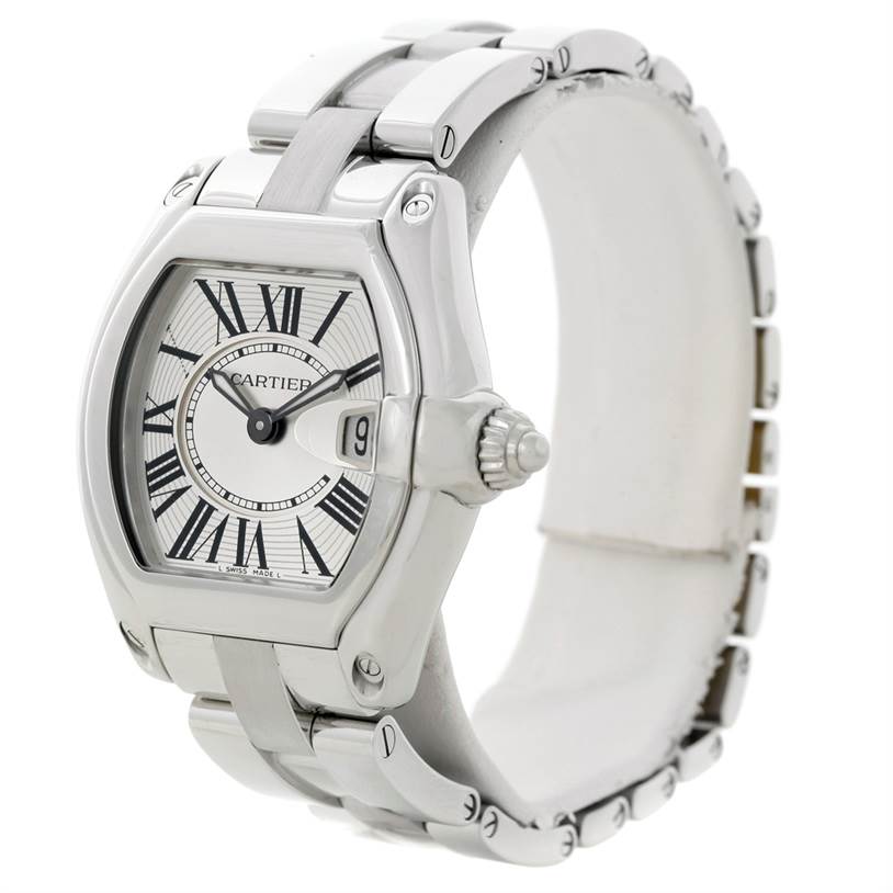 The image shows a Cartier Roadster W62016V3 Women's Stainless Steel Silver Dial W62016V3 Women's Stainless Steel Silver Dial watch at a three-quarter angle, displaying its dial, bezel, crown, and metal bracelet.
