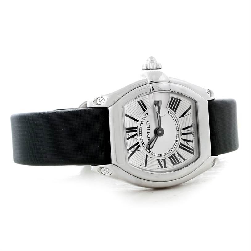 The image shows a Cartier Roadster W62016V3 Women's Stainless Steel Silver Dial W62016V3 Women's Stainless Steel Silver Dial watch from a front angle, highlighting the face, bezel, and part of the strap.