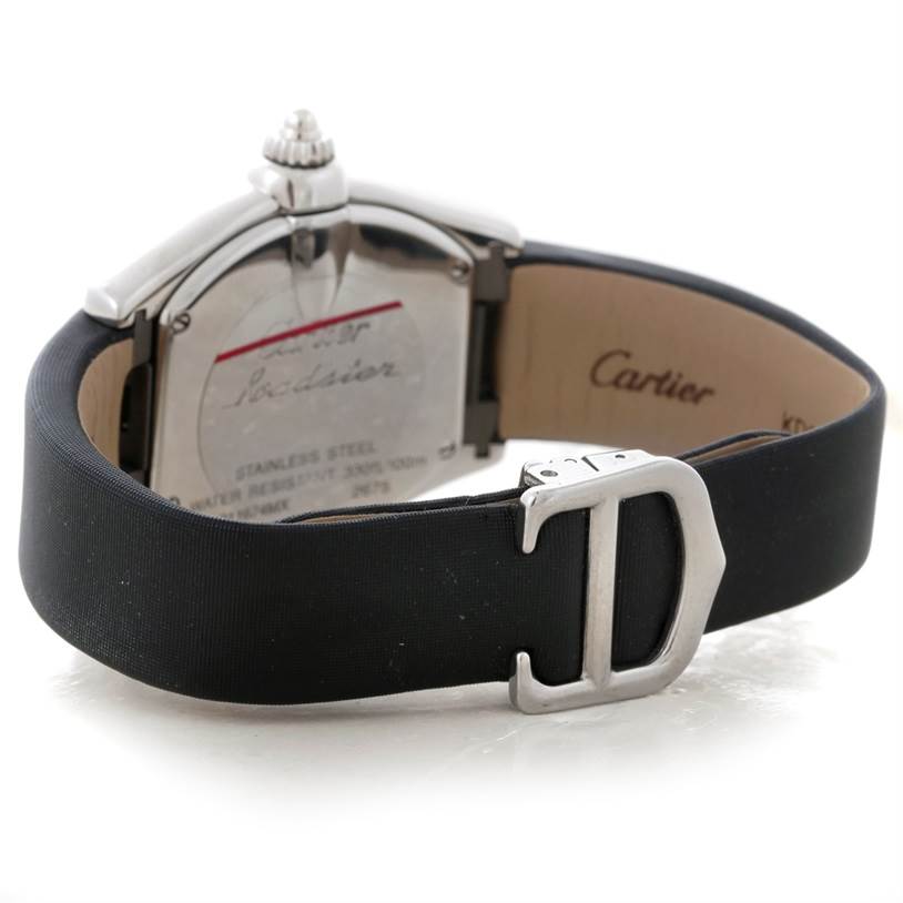 This image shows the back casing and black strap with clasp of a Cartier Roadster W62016V3 Women's Stainless Steel Silver Dial W62016V3 Women's Stainless Steel Silver Dial watch, viewed from an angled rear perspective.
