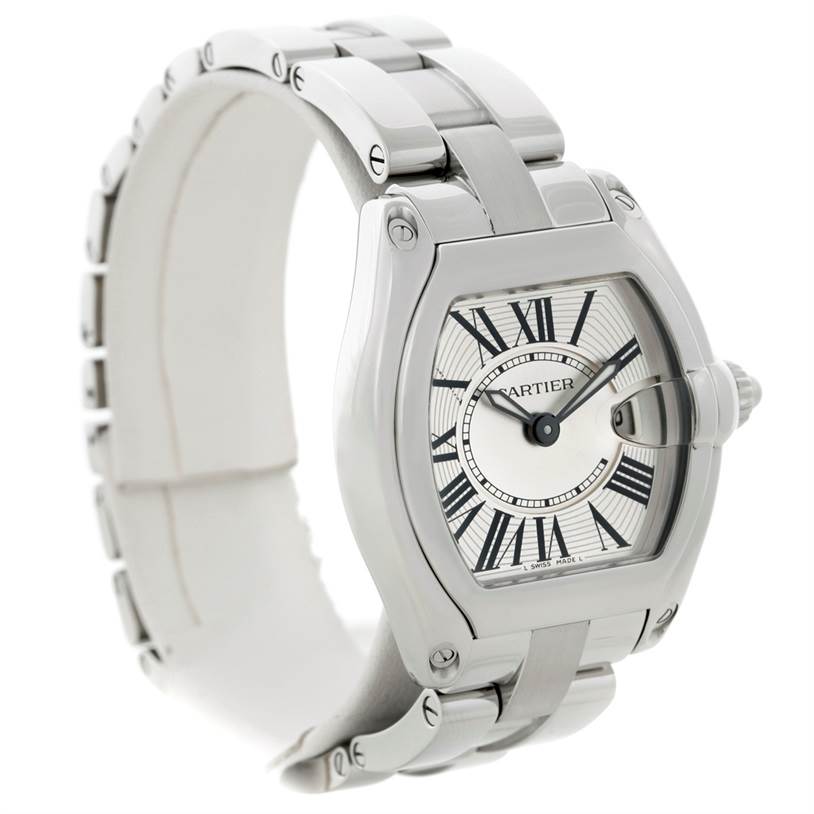 The Cartier Roadster W62016V3 Women's Stainless Steel Silver Dial W62016V3 Women's Stainless Steel Silver Dial watch is shown at an angle that highlights its face, bezel, and bracelet.