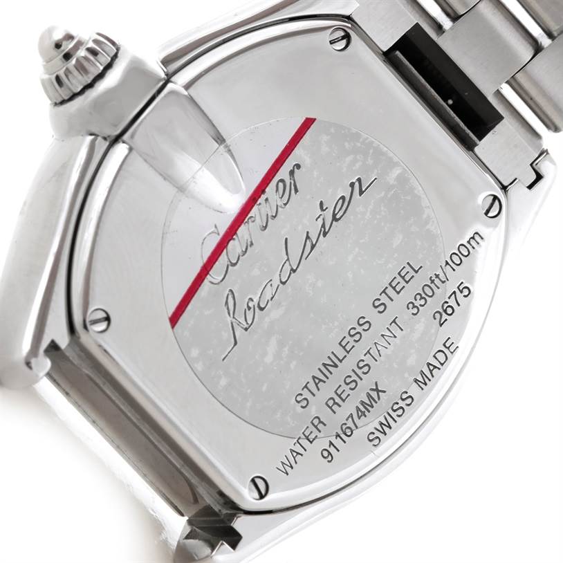 The image shows the case back and crown of the Cartier Roadster W62016V3 Women's Stainless Steel Silver Dial W62016V3 Women's Stainless Steel Silver Dial watch at an angled perspective.