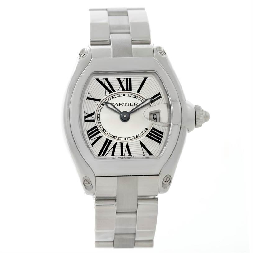 The image shows a front view of the Cartier Roadster W62016V3 Women's Stainless Steel Silver Dial W62016V3 Women's Stainless Steel Silver Dial watch, displaying its face, bezel, hands, and partial bracelet.