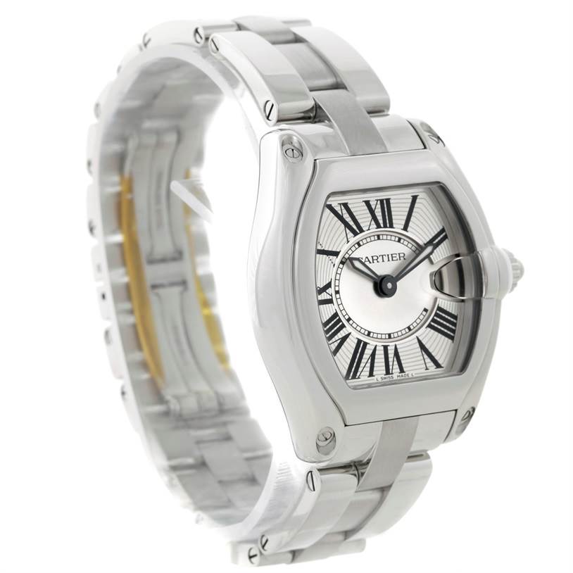 The Cartier Roadster W62016V3 Women's Stainless Steel Silver Dial W62016V3 Women's Stainless Steel Silver Dial watch is shown from a front-angle, featuring its bracelet, case, and dial.