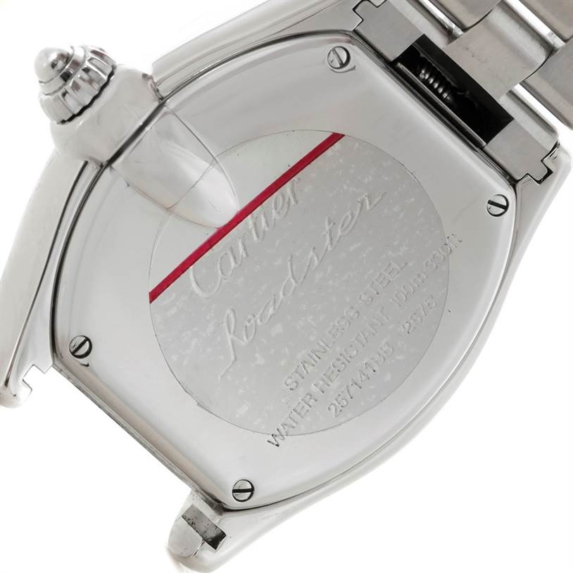 The image shows the back case and bracelet attachment of the Cartier Roadster W62016V3 Women's Stainless Steel Silver Dial W62016V3 Women's Stainless Steel Silver Dial watch at an angled view.
