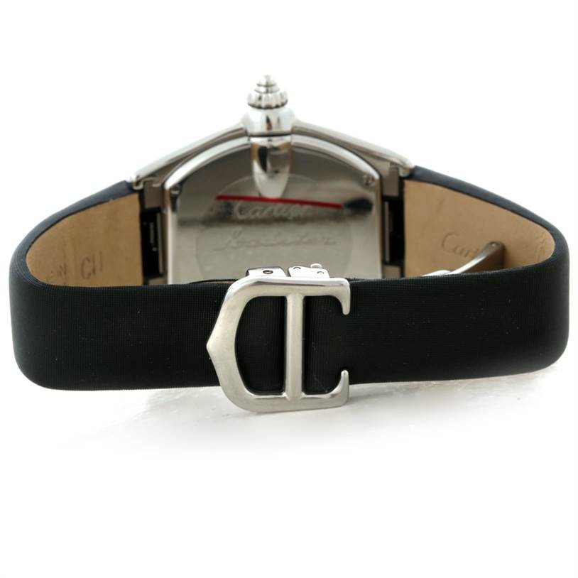 This image shows the back view of a Cartier Roadster W62016V3 Women's Stainless Steel Silver Dial W62016V3 Women's Stainless Steel Silver Dial watch with a black strap and buckle.