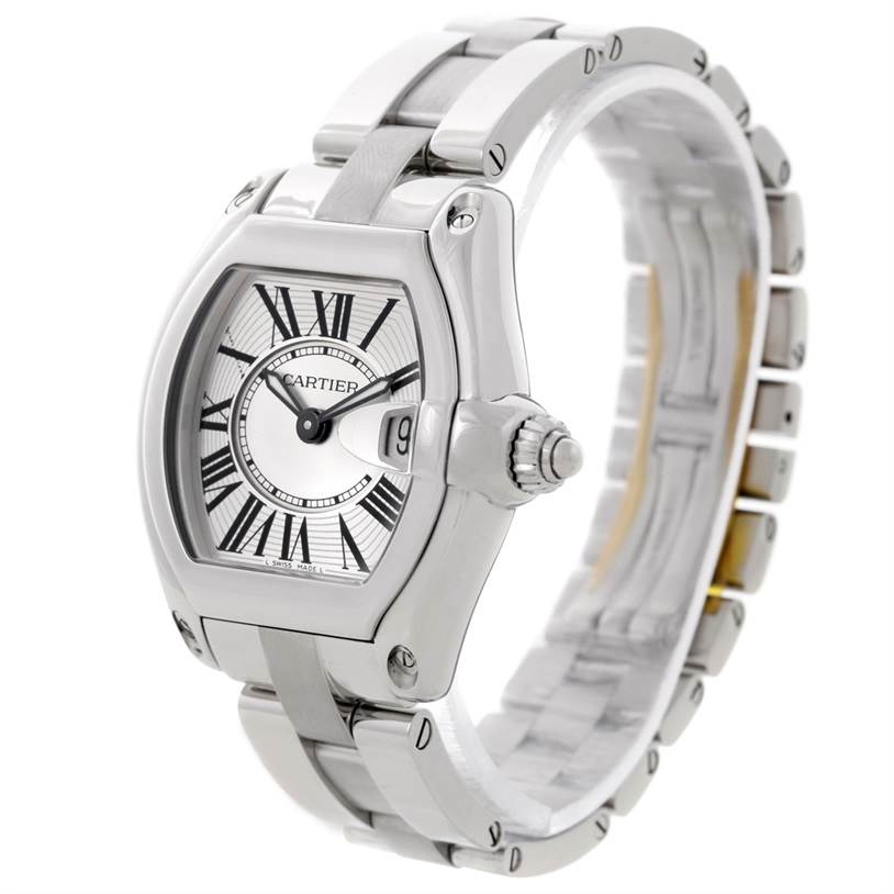 The Cartier Roadster W62016V3 Women's Stainless Steel Silver Dial W62016V3 Women's Stainless Steel Silver Dial watch is shown from a three-quarter angle featuring its face, bezel, crown, and part of the bracelet.