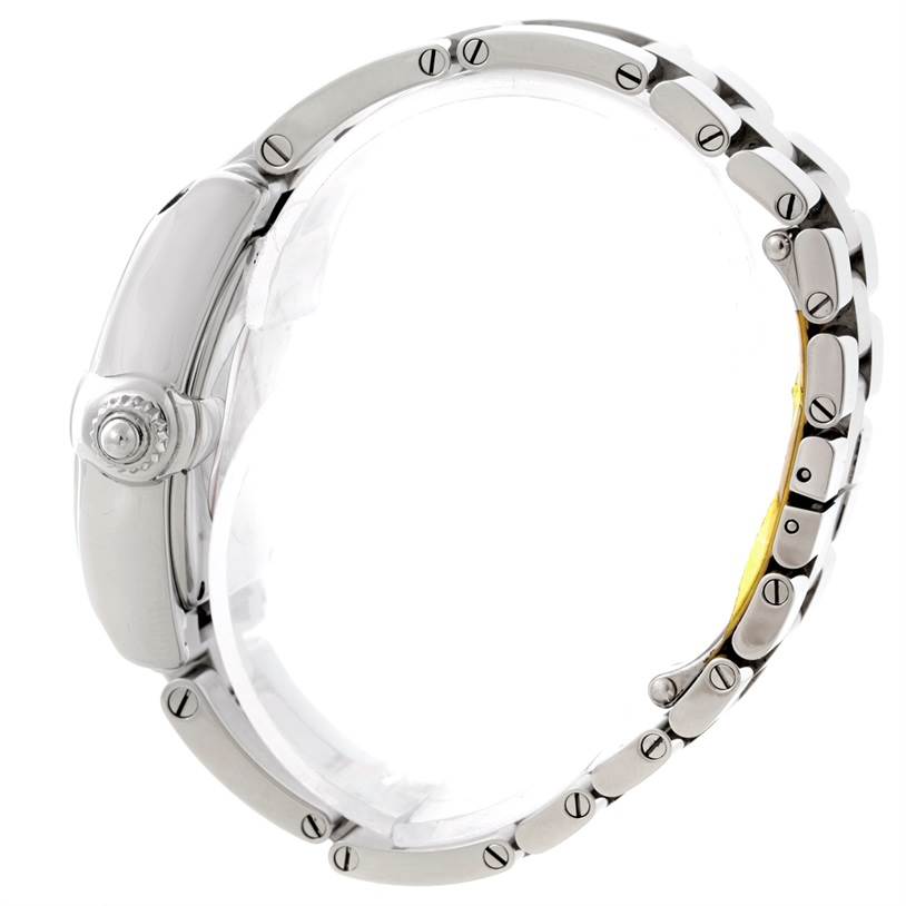 The image shows a side view of the Cartier Roadster W62016V3 Women's Stainless Steel Silver Dial W62016V3 Women's Stainless Steel Silver Dial watch, highlighting its crown, case, and bracelet.