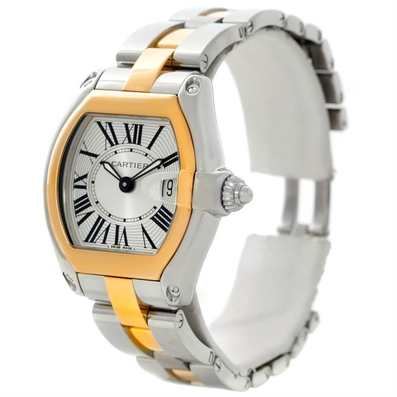 The Cartier Roadster W62026Y4 Women's Steel and Gold (two tone) Silver Dial W62026Y4 Women's Steel and Gold (two tone) Silver Dial watch is shown at a three-quarter angle, showcasing the face, crown, and part of the bracelet.